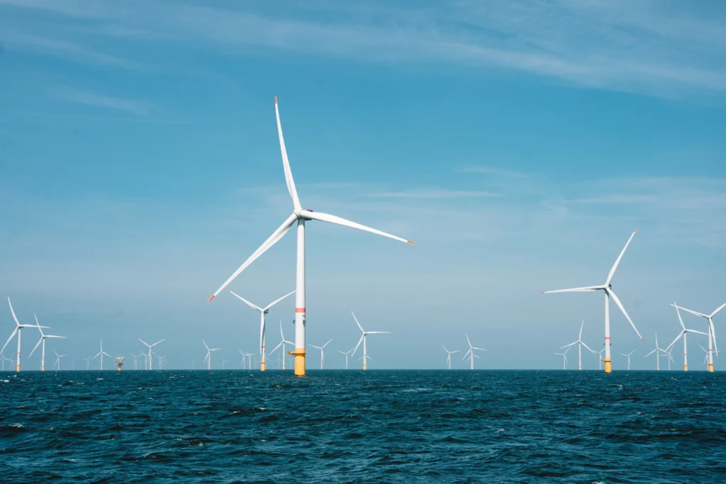 offshore wind farm with turbines and OHVS
